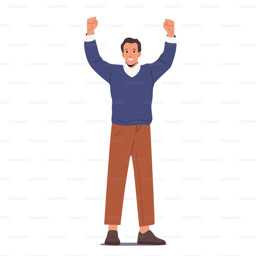 Businessman Positive Emotions, Adult Man in Casual Clothes Waving Hands. Happy Male Character Wearing Blue Sweater and Brown Pants Isolated on White Background. Cartoon People Vector Illustration