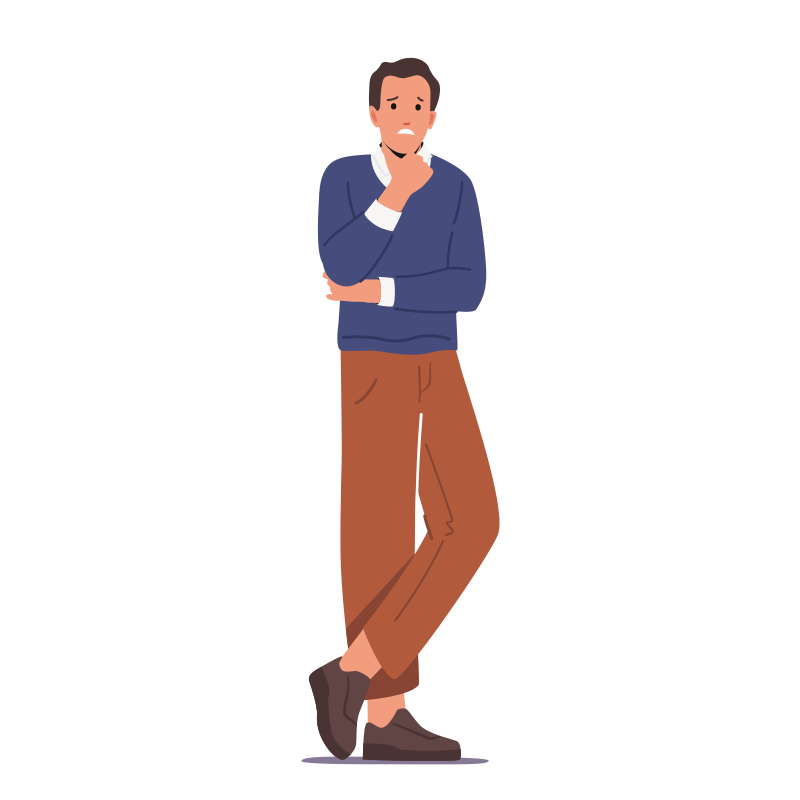 Unglücklicher, nachdenklicher Mann denkt nach, fühlt negative Gefühle. Depressive und ängstliche männliche Charaktere leiden unter Depressionen und Angstproblemen, fühlen sich frustriert oder verzweifelt. Cartoon People Vektorillustration