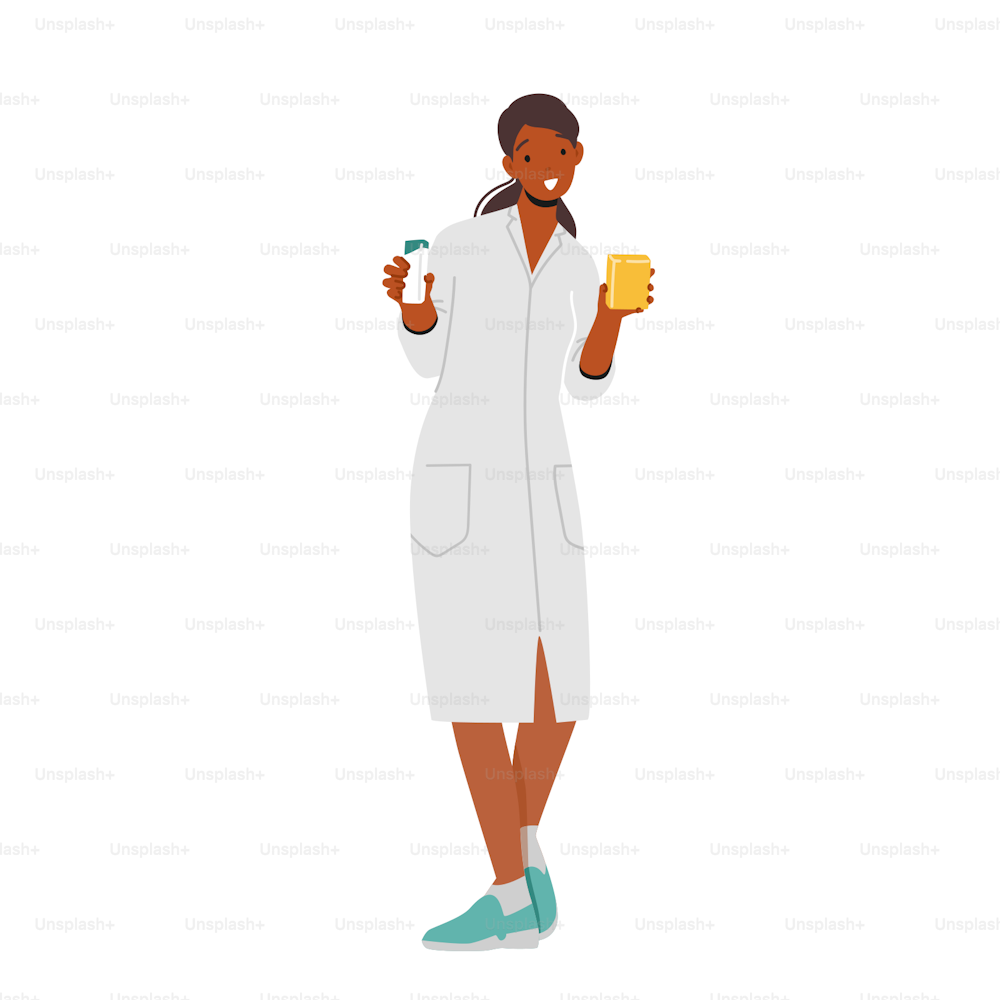 pharmacist Female Character with Medicine Package in Hands. Woman Perform Drugs in Pharmacy Store. Apothecary Woman with Medication, Pills and Drugs, Healthcare. Cartoon People Vector Illustration