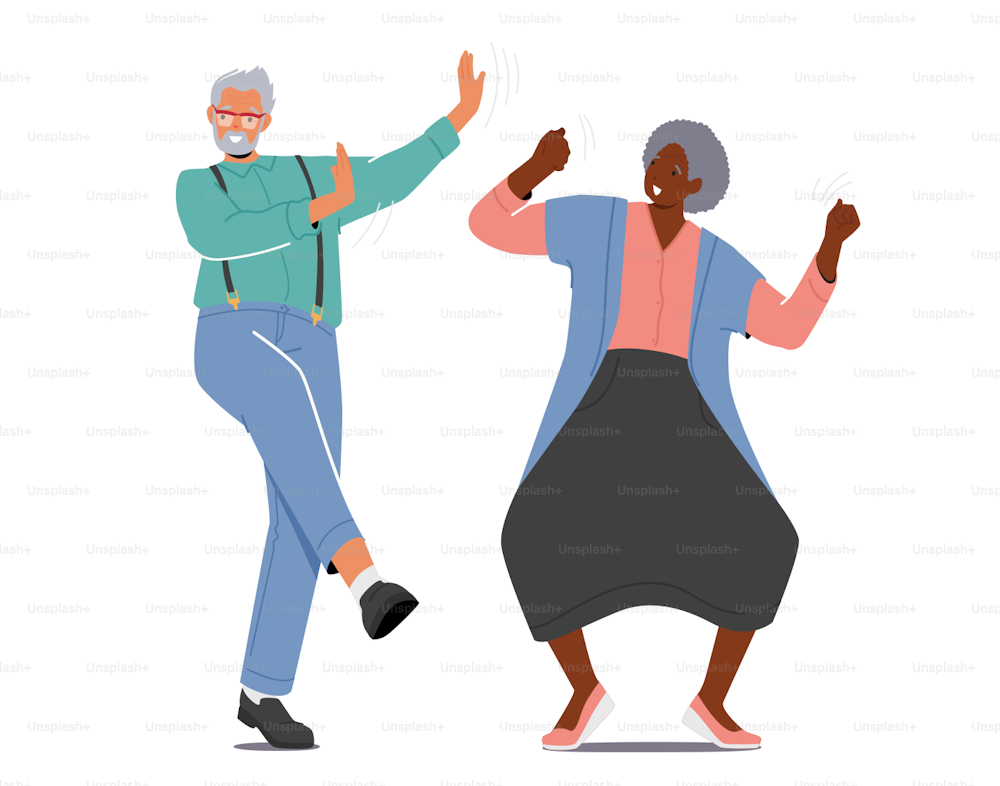 Loisirs de danse de vieil homme et de femme actifs. De joyeux retraités âgés dans des vêtements façonnés dansant et relaxant, des personnages âgés amusants isolés sur fond blanc. Illustration vectorielle de personnes de dessins animés