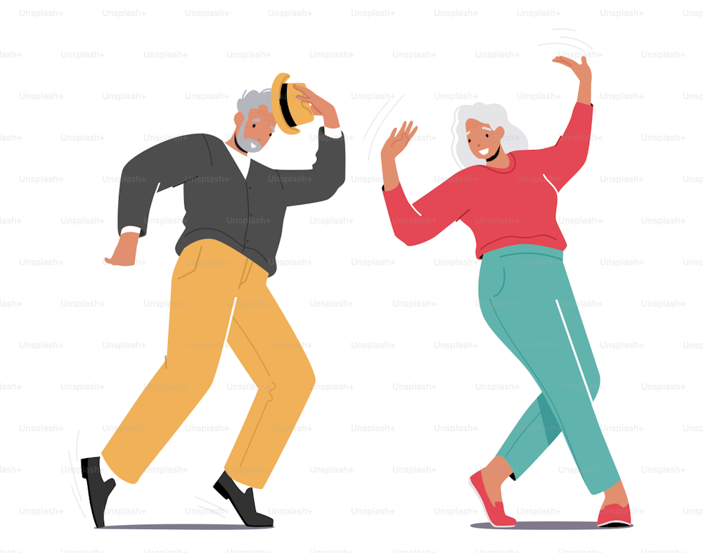 Cheerful Senior Man and Woman Dancing, Moving Body. Happy Old Characters Couple Active Sparetime, Hobby Club Recreation, Fun. Grandfather Dancer Fell Freedom. Cartoon People Vector Illustration