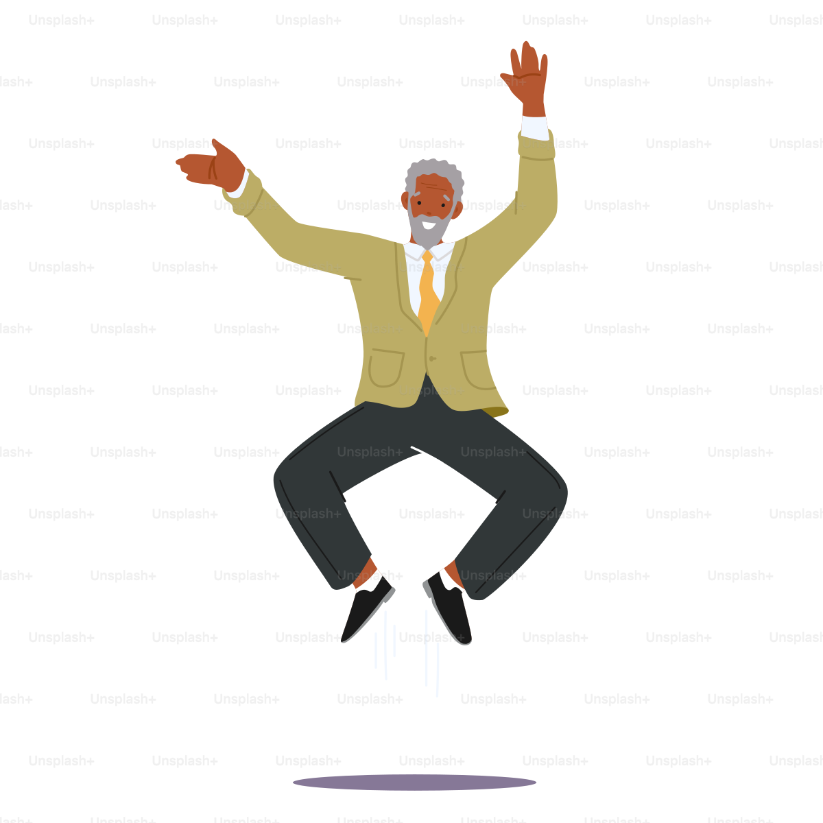 Adult Bearded Man in Casual Clothes Jumping. Happy Senior Male Character Wearing Green Jacket and Black Pants Rejoice, Fun, Success Isolated on White Background. Cartoon People Vector Illustration