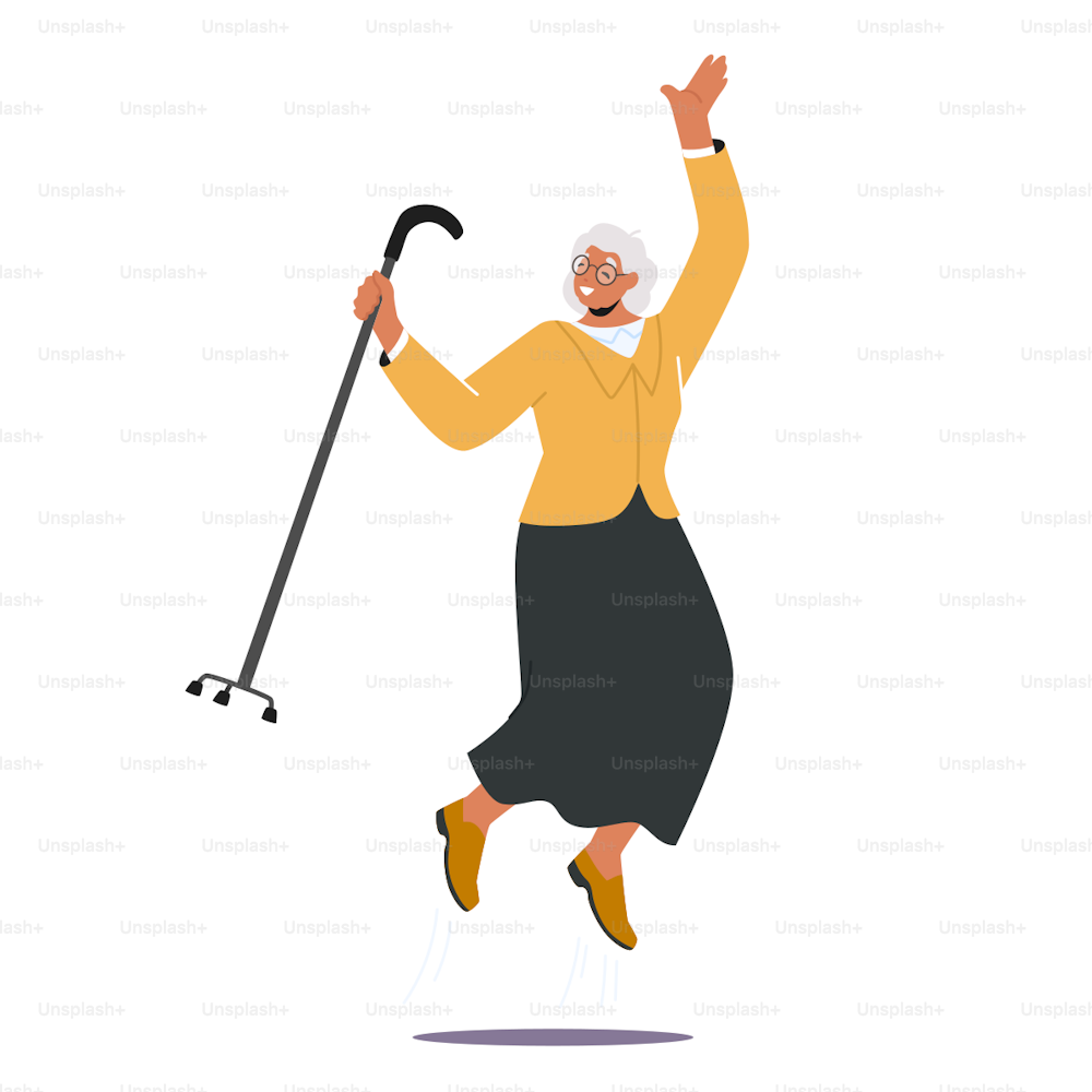 Anciana feliz con salto de bastón para caminar y sentir emoción aislada sobre fondo blanco. Personaje femenino mayor Emociones positivas, regocíjate, celebra, ríe. Ilustración vectorial de Cartoon People
