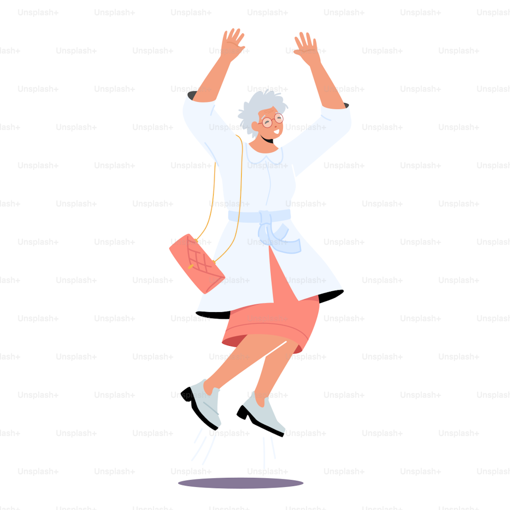 하얀 배경에 고립된 손을 들고 행복한 흥분한 여성 캐릭터 점프, 긍정적인 늙은 여자, 쾌활한 할머니의 기쁨과 행복의 감정. 만화 사람들 벡터 일러스트레이션