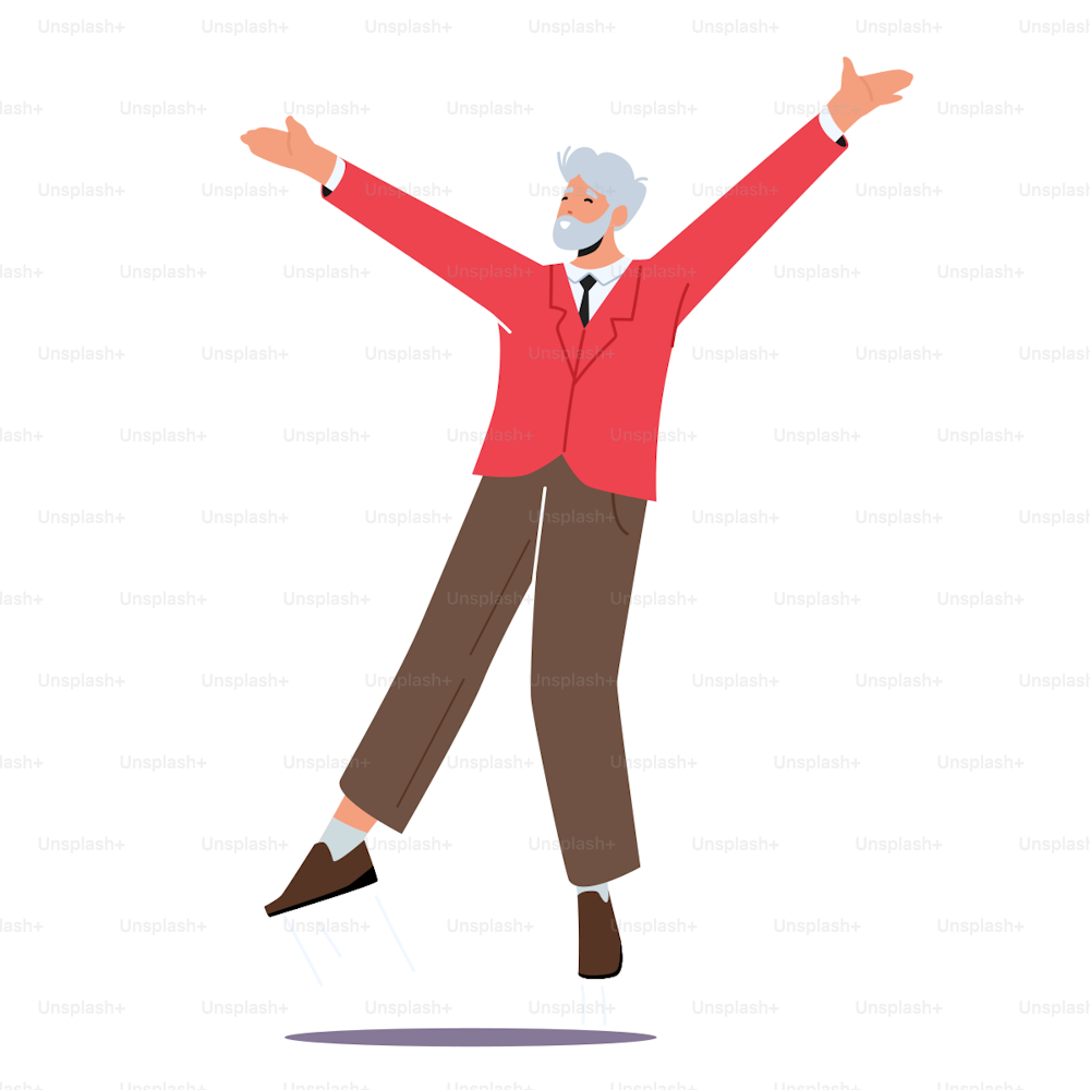 Anciano feliz salta con los brazos levantados aislados sobre fondo blanco, personaje masculino mayor siente emociones positivas, se regocija, celebra la victoria o el éxito, ríe. Ilustración vectorial de Cartoon People