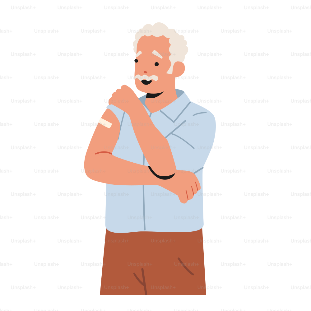 Old People Health Care Concept. Vaccinated Positive Senior Male Character with Patch on Shoulder Isolated on White Background. Elderly People Immunization, Vaccination. Cartoon Vector Illustration
