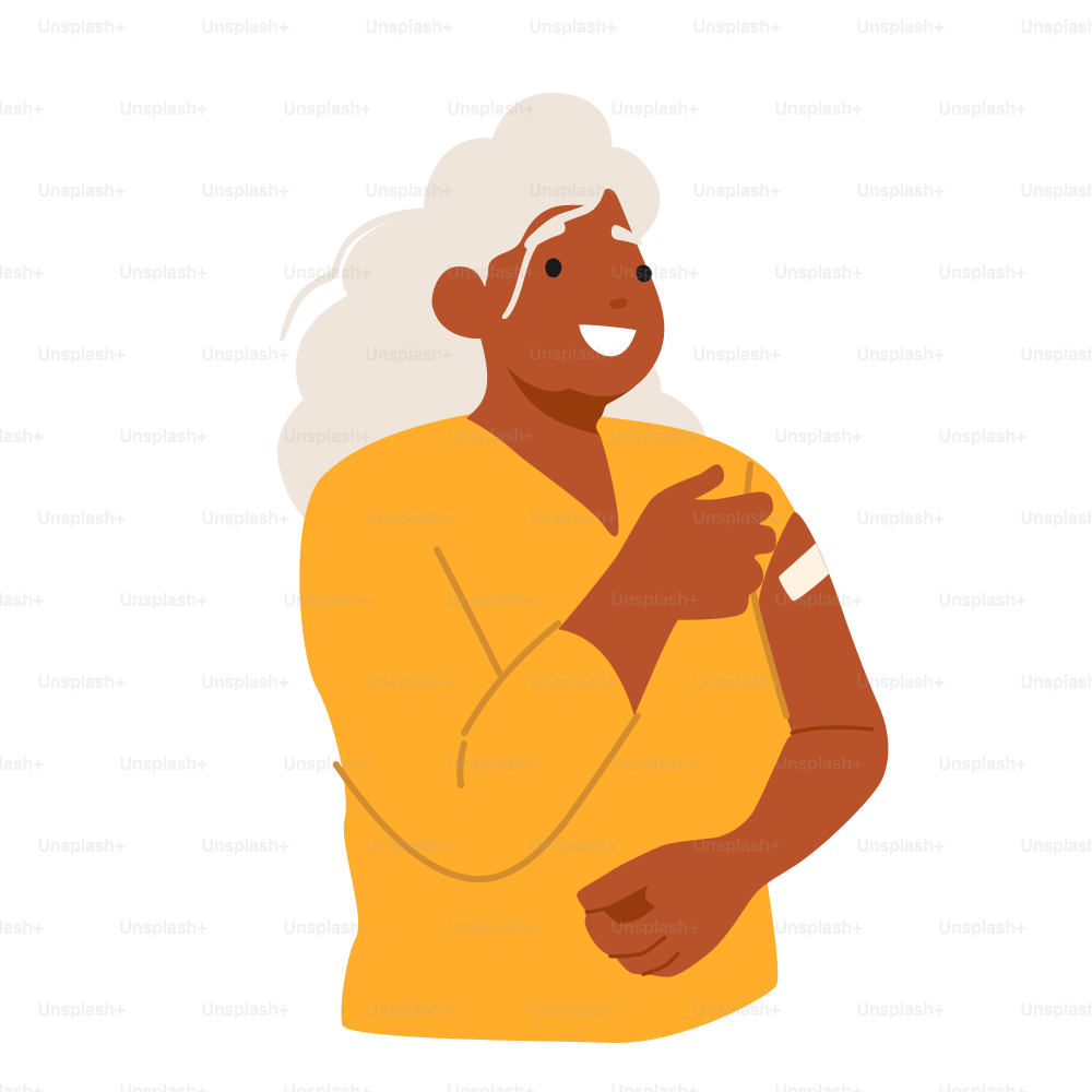 Positiver älterer Charakter mit Patch auf der Schulter isoliert auf weißem Hintergrund. Geimpfte Altenimpfung, Impfung älterer Frauen, Gesundheitskonzept. Cartoon Menschen Vektor Illustration