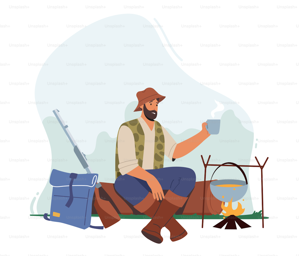 Hunter Relaxing in Camp, Man with Rifle Sit on Log Drinking Tea and Cooking Food. Hunting Hobby, Sport or Outdoor Activity, Male Character Wear Camouflage. Cartoon People Vector Illustration