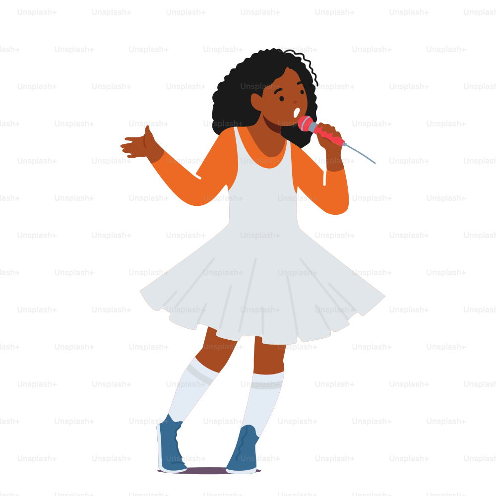 Little African Girl Holding Microphone Sing on on Stage, Baby Singing Song. Little Vocalist Female Character Wear White Dress Entertaining, Singer Recreation Hobby. Cartoon People Vector Illustration