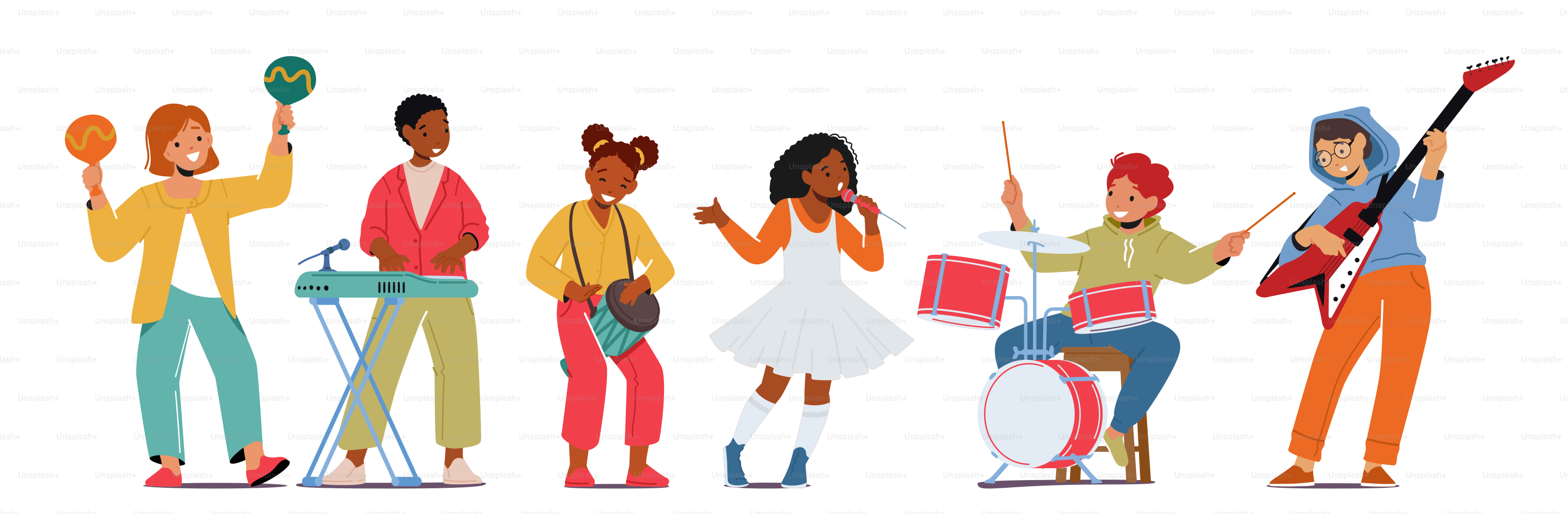 Pequeños artistas talentosos tocando maracas, sintetizador, batería y guitarra eléctrica, chicas y chicos tocando instrumentos modernos, cantando con micrófono, conciertos, banda infantil. Ilustración vectorial de dibujos animados