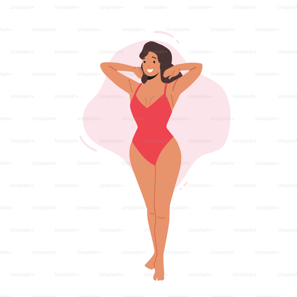Mujer sexy posando en traje de baño rojo de una pieza, personaje femenino joven vestido colección de verano para playa o piscina aislada sobre fondo blanco. Ilustración vectorial de Cartoon People