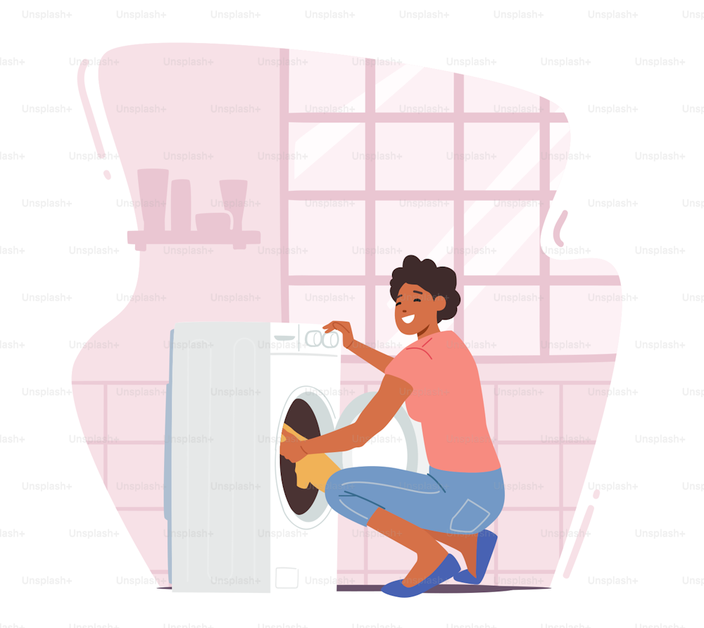 Mujer en lavandería, actividad doméstica, joven personaje femenino africano cargando ropa sucia en lavadora para limpiar. Lavandería doméstica, ropa de cama de limpieza de niña. Ilustración vectorial de dibujos animados
