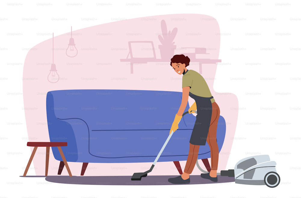 Young Woman Doing Domestic Work, Cleaning Floor Carpet under Sofa with Vacuum Cleaner. Household Vacuuming Home Activity, Girl Washing Living Room, Routine, Weekend Chores. Cartoon Vector Illustration