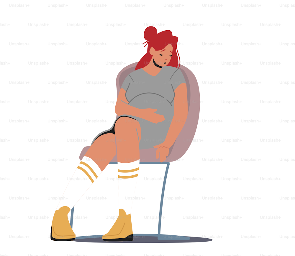 Psychological Help to Pregnant Women, Female Character with Big Belly Sitting on Chair with Upset Face. Woman Doubts, Anxiety, Young Mother Needs Pregnancy Assistance. Cartoon Vector Illustration