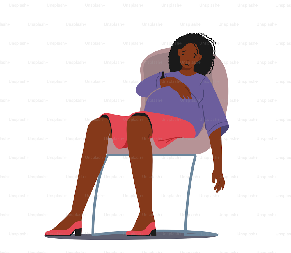 Sad Pregnant Female Character with Big Belly Sitting on Chair with Upset Face. Anxious Woman Doubts, Young Mother Needs Psychological Help, Support or Pregnancy Assistance. Cartoon Vector Illustration