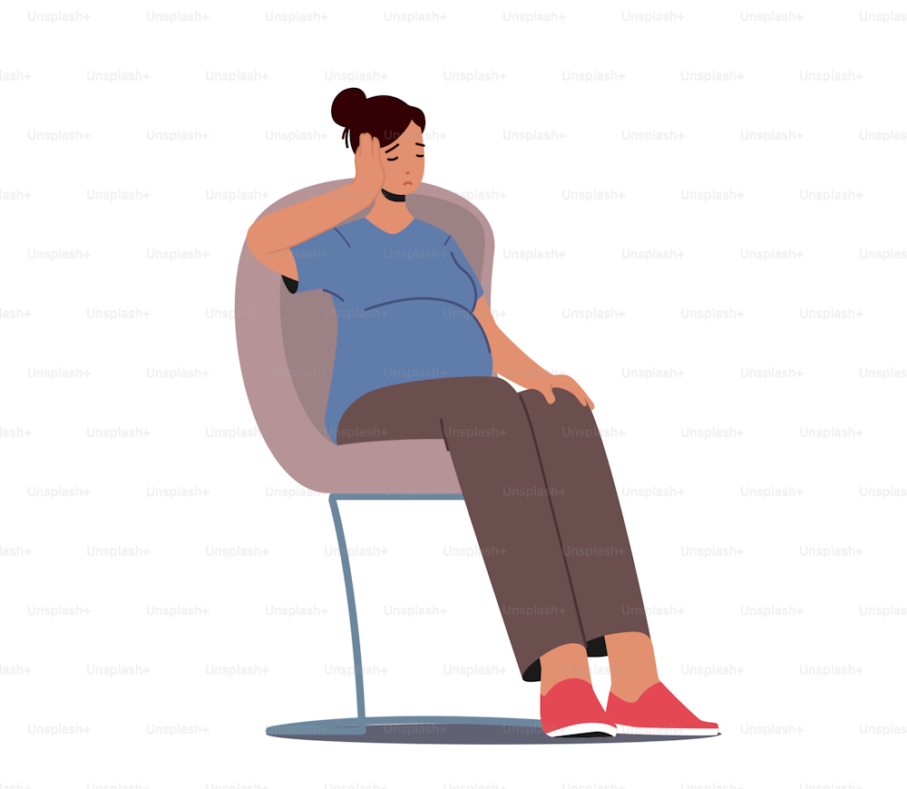 Young Mother Needs Psychological Help, Support or Pregnancy Assistance. Sad Pregnant Female Character with Big Belly Sitting on Chair with Upset Face. Anxious Woman Doubts. Cartoon Vector Illustration