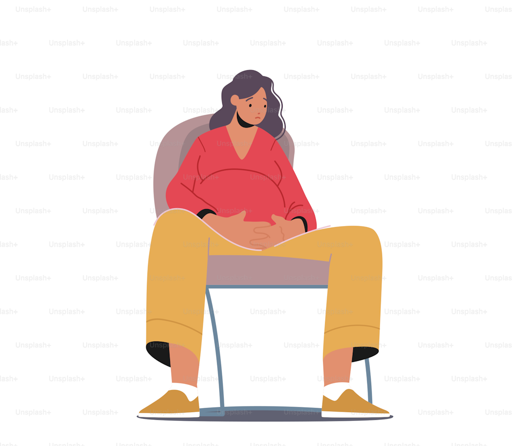 Sad Pregnant Mother Needs Psychological Help, Young Female Character with Big Belly Sitting on Chair with Upset Face. Anxious Woman Needs Support or Pregnancy Assistance. Cartoon Vector Illustration