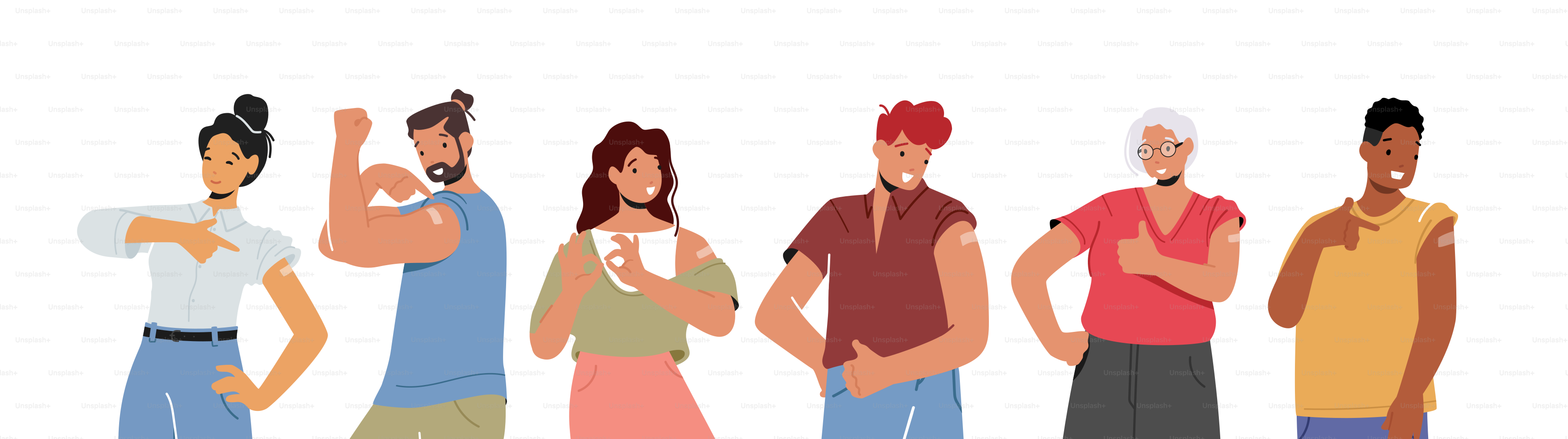 Set von Jugendlichen Impfung, Impfung, Gesundheitskonzept. Geimpfte Menschen, positive männliche weibliche Charaktere zeigen einen Fleck auf der Schulter isoliert auf weißem Hintergrund. Cartoon-Vektor-Illustration