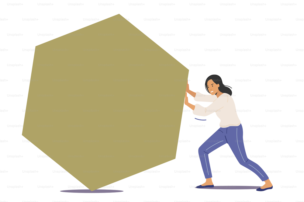 Businesswoman Character Pushing Huge Hexagon Shape. Tired Concentrated Woman Goal Achievement, Leadership, Business Competition, Complicated Challenge Concept. Cartoon People Vector Illustration