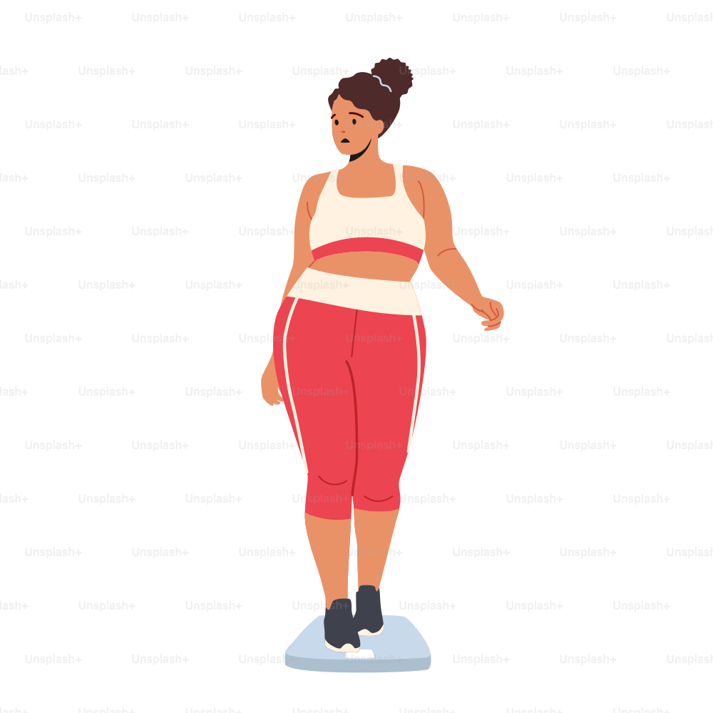 Weiblicher Charakter Gewichtsverlust Konzept. Plus Size dicke Frau trägt Sportanzug Stand auf Schuppen isoliert auf weißem Hintergrund. Fettleibigkeit, ungesunder Lebensstil, Diätversagen. Cartoon Menschen Vektor Illustration
