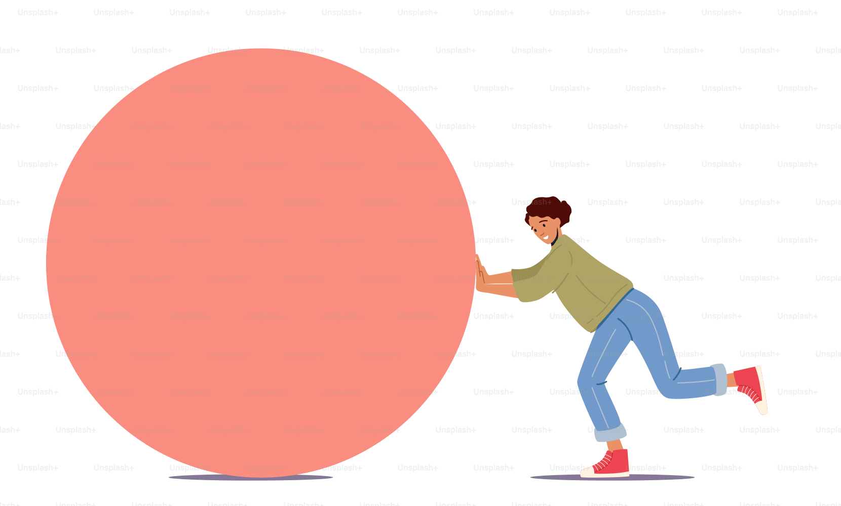 Woman Character Pushing Huge Circle or Ball. Woman Leader Goal Achievement, Leadership, Business Competition, Challenge Concept with Female Character Effort. Cartoon People Vector Illustration