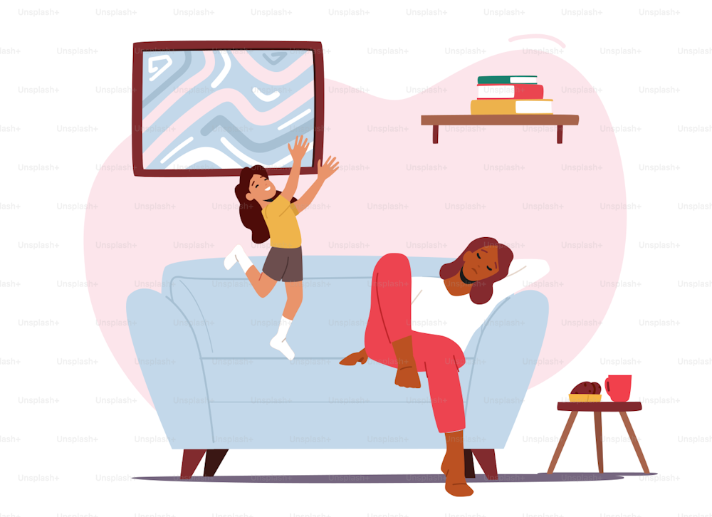 Hyperactive Child Jumping on Sofa while Tired Mom Sleeping. Sleepy Parent Character at Home, Fatigue, Anxiety due to Baby Activity on Weekend or Lockdown Isolation. Cartoon People Vector Illustration