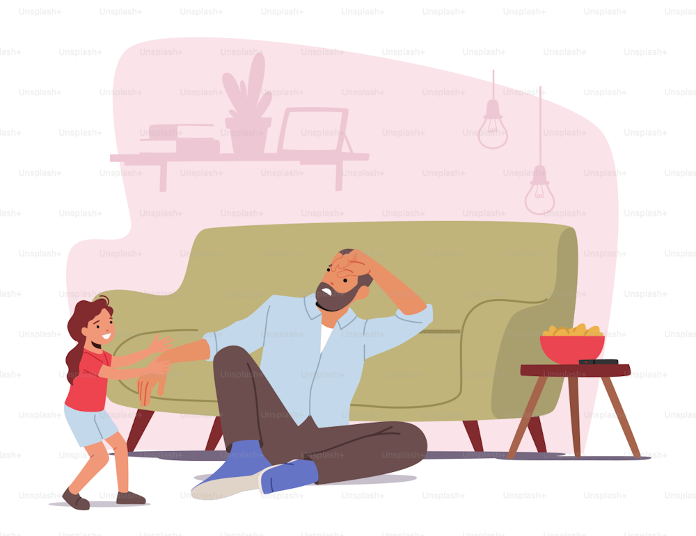 Depressed Sleepy Father Character Sitting on Floor while Daughter Invite him to Play. Tired Parent with Child at Home, Anxiety due to Baby Activity during Pandemic. Cartoon People Vector Illustration