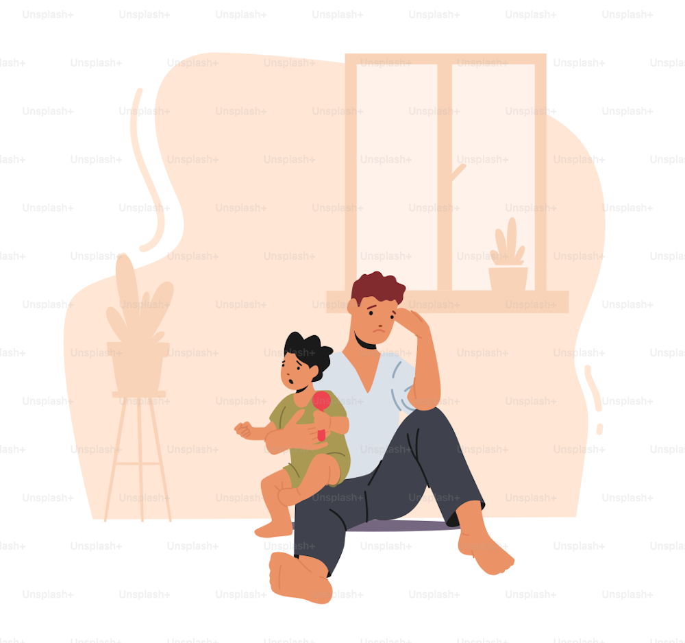 Anxious Tired Dad with Little Child Sitting on Floor. Parent Depression, Tiredness, Depressed Sleepy Father Character at Home with Baby. Parenting Fatigue, Anxiety. Cartoon People Vector Illustration