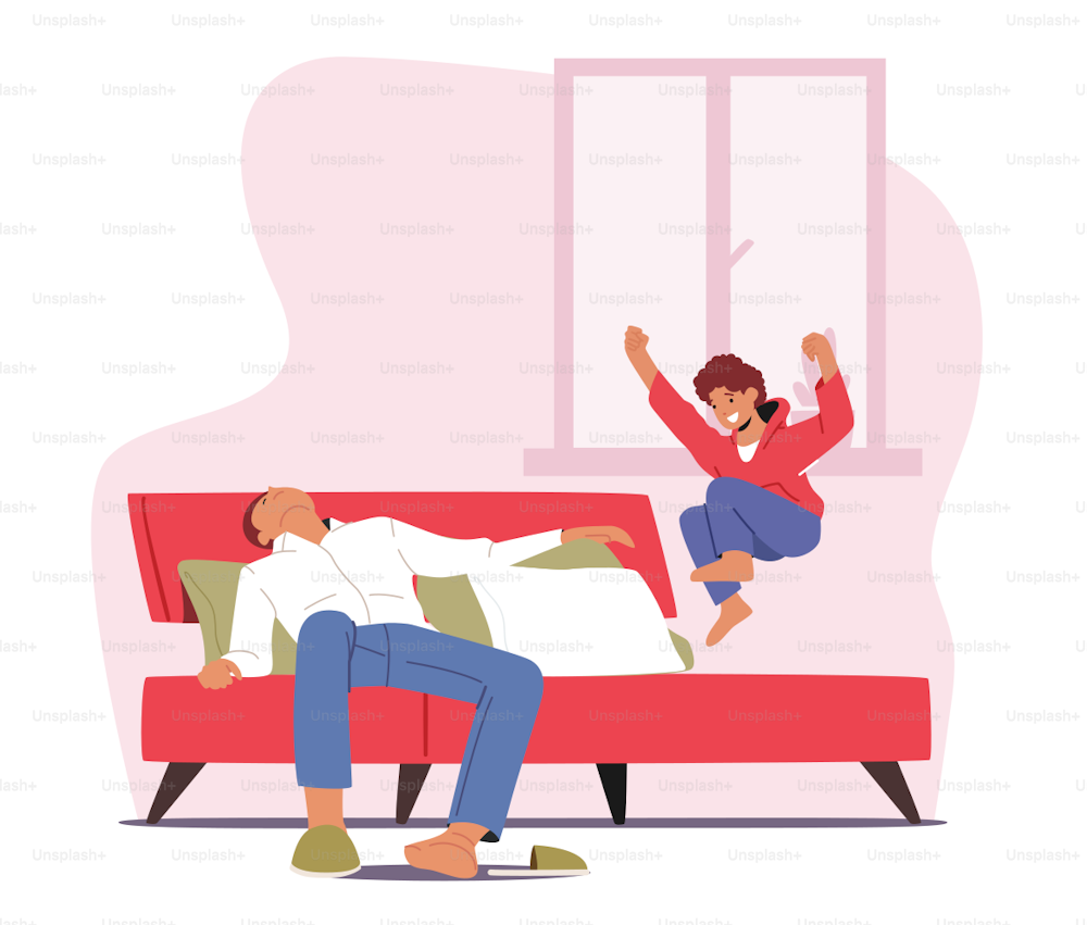 Tired Parent with Hyperactive Child at Home, Fatigue Father Character Sleep while Son Jumping on Bed, Dad Tiredness due to Baby Activity during Weekend or Lockdown. Cartoon People Vector Illustration