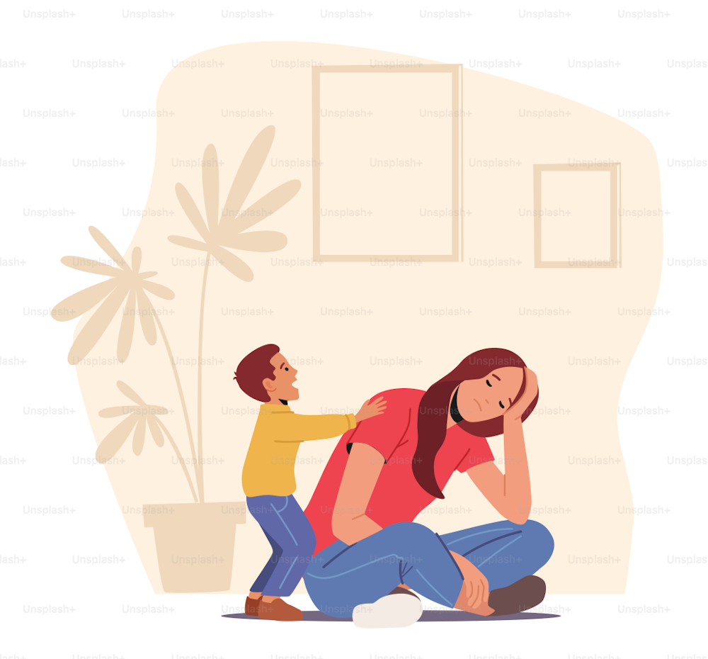 Depressed Tired Mother Sitting on Floor while Son Yell and Disturb her. Parent with Hyperactive Child at Home, Sleepy Character Fatigue Anxiety due to Baby Activity. Cartoon People Vector Illustration