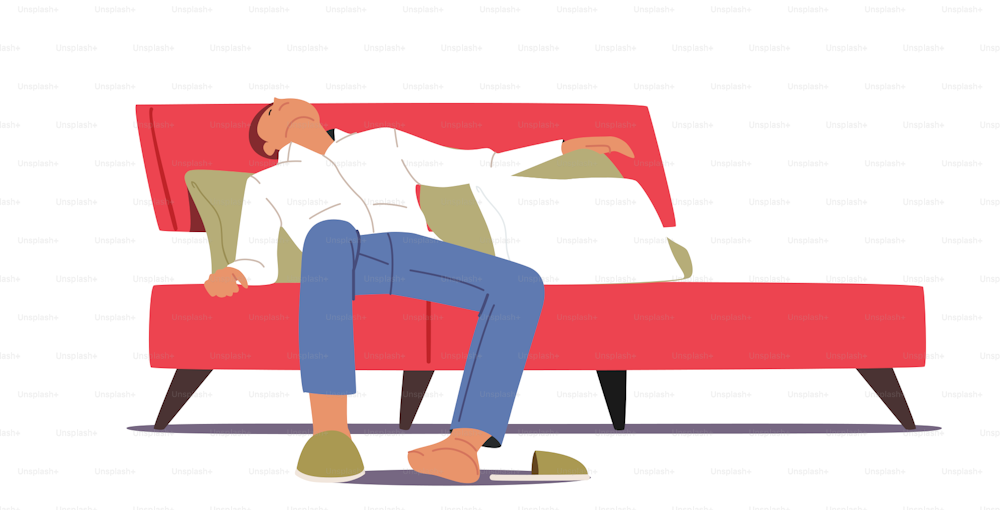Tired Male Character Sleep Like a Log Lying on Bed in Room Isolated on White Background. Tiredness, Depression Concept with Sleeping Man in Formal Wear in Bedroom. Cartoon People Vector Illustration