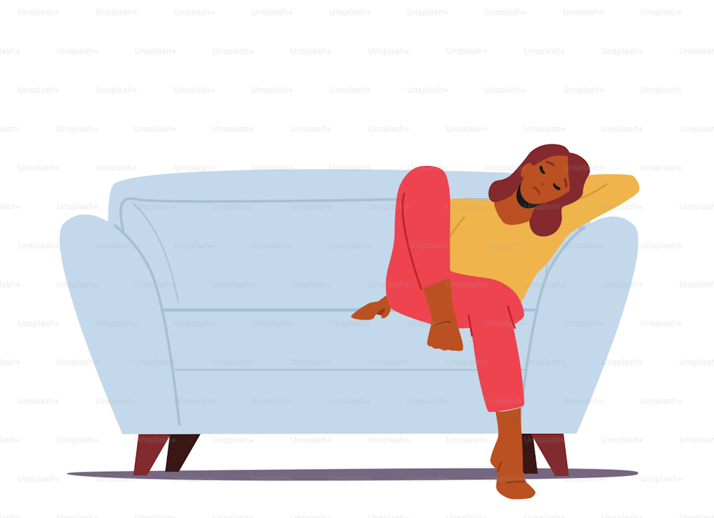 Tired African Woman Sitting on Sofa with Closed Eyes, Sleep or Nap. Sleeping Female Character Tiredness, Stress, Burnout or Depression Isolated on White Background. Cartoon People Vector Illustration