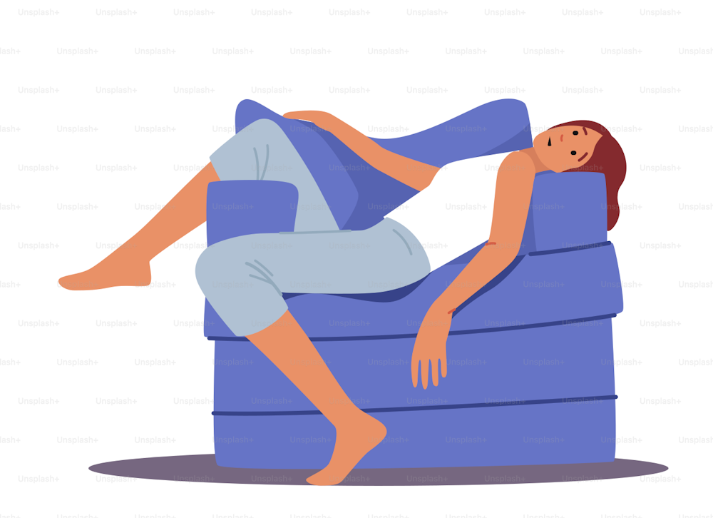 Tired Asleep Female Character Lying on Armchair in Living Room with Open Eyes Isolated on White Background. Tiredness, Depression, Sleeping Deprivation Concept. Cartoon People Vector Illustration