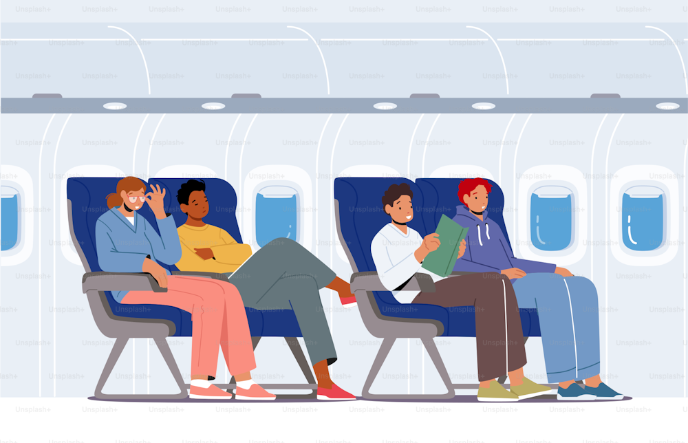 Giovani seduti su comodi sedili aerei leggendo libri, rilassandosi, dormendo durante il volo, passeggeri uomini e donne viaggiano in aereo, servizio di trasporto aereo. Illustrazione vettoriale del fumetto