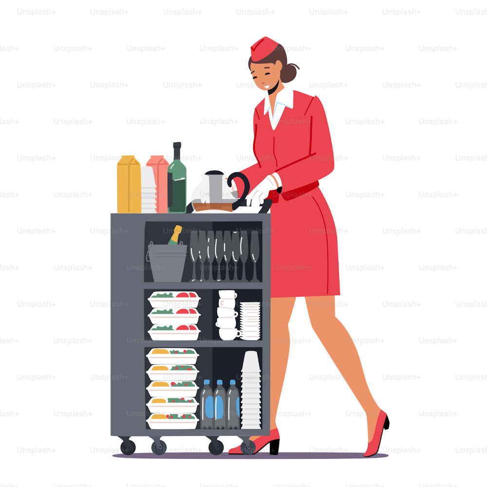 Stewardess Push Trolley with Drinks and Food. Flight Attendant, Airline Staff, Air Hostess in Red Uniform Provide Airplane Service Isolated on White Background. Cartoon People Vector Illustration