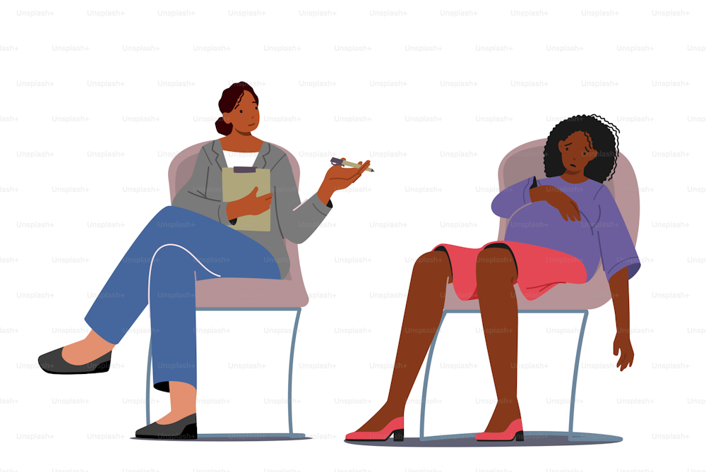 Coach and Sad Anxious or Tired Pregnant Female Character Sitting Speaking, Discussing Maternity Issues. Psychological Support for Pregnant Woman in Perinatal Class. Cartoon People Vector Illustration