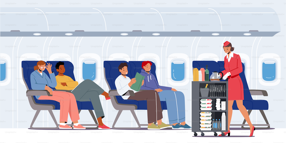 Airplane Crew and Passenger Characters in Plane. Stewardess with Trolley Serving People Sitting on Chairs in Economy Class of Aircraft. Airline Transportation Service. Cartoon Vector Illustration