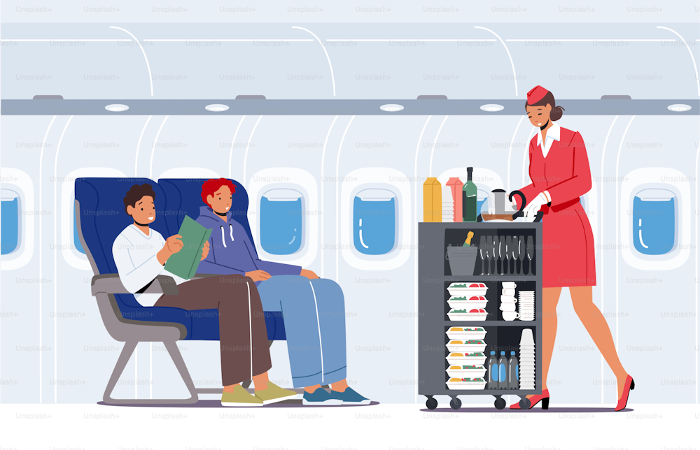 Cabin of Plane with Stewardess and Passengers, Mealtime in Economy Class. Woman Air Hostess with Food Cart in Aisle of Salon Offer Drinks or Food to Men, Journey, Jet Trip. Cartoon Vector Illustration