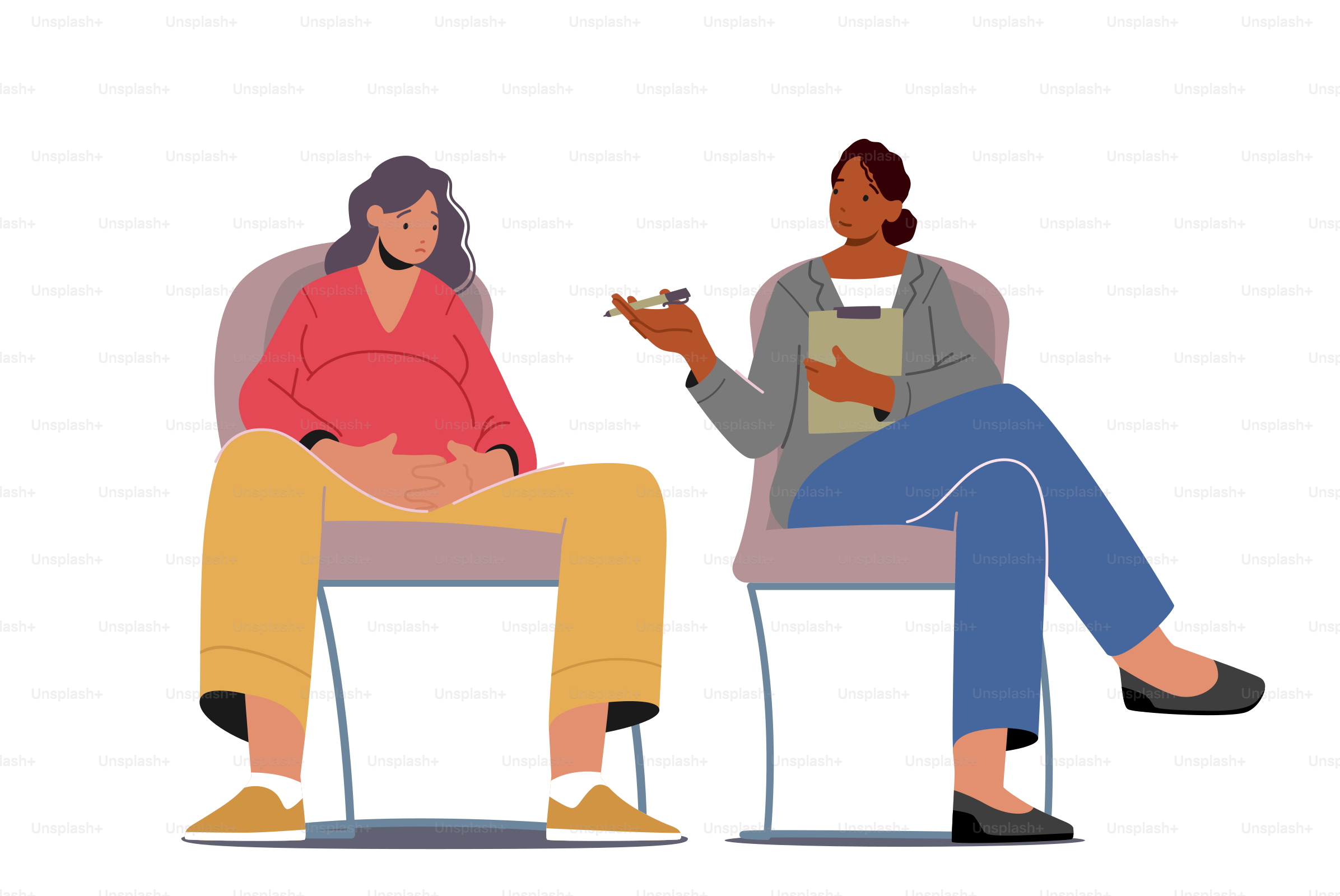 Psychological Support for Pregnant Woman in Perinatal Class, Coach and Pregnant Female Characters Sitting on Chairs Speaking and Discussing Maternity Issues. Cartoon People Vector Illustration