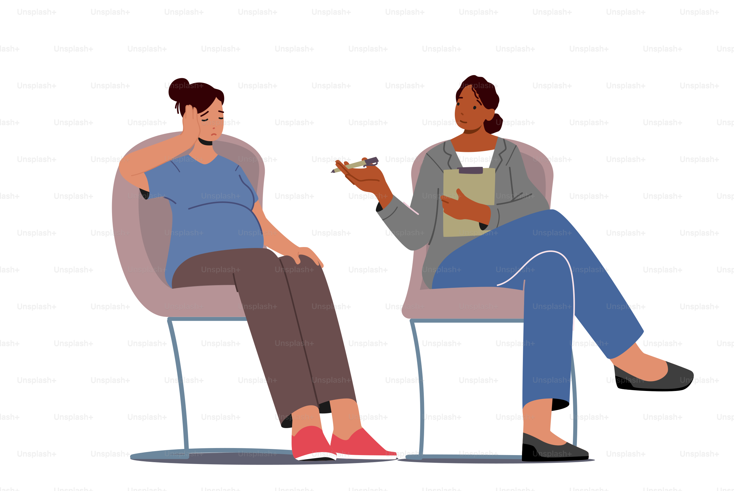 Pregnant Woman and Psychologist Characters Sitting and Chatting at Childbirth Preparation Courses. Pregnancy Support, Prenatal Psychology Help, Happy Motherhood. Cartoon People Vector Illustration