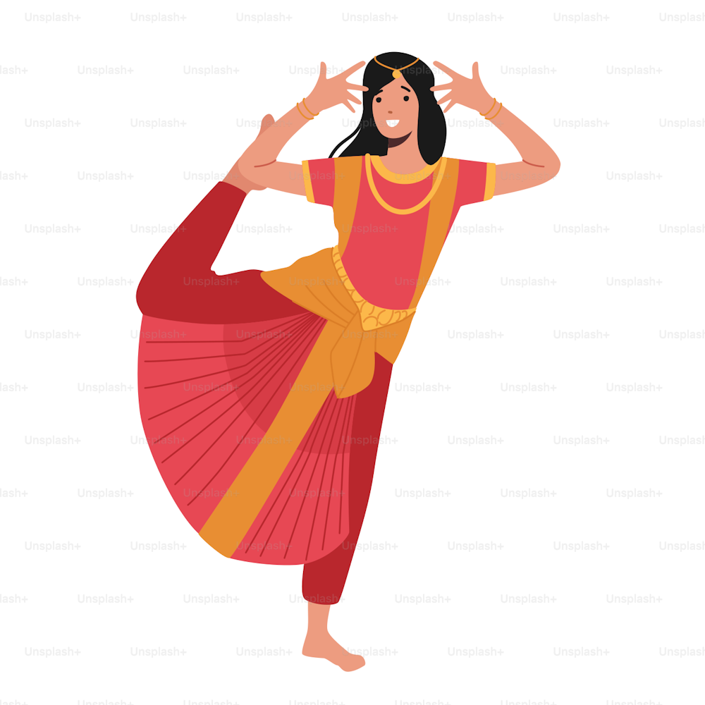 Indian Dancer in Traditional Costume Isolated on White Background. Female Bollywood Dancer Character in National Costume Sari and Harem Pants Dance with Raised Leg. Cartoon People Vector Illustration
