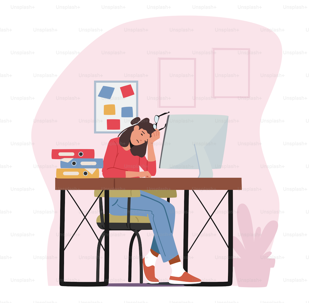Tired Overloaded Business Woman with Glasses in Hand Sit with Closed Eyes at Computer Trying to Figure Out Information at Workplace. Stress, Deadline, Employee Burnout. Cartoon Vector Illustration