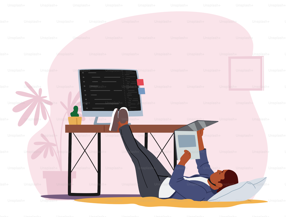 Tired Overworked Worker, Business Character Lying on Floor near Office Desk Looking Movie on Laptop Postpone Work. Emotional Burnout, Employee Laziness at Working Place. Cartoon Vector Illustration