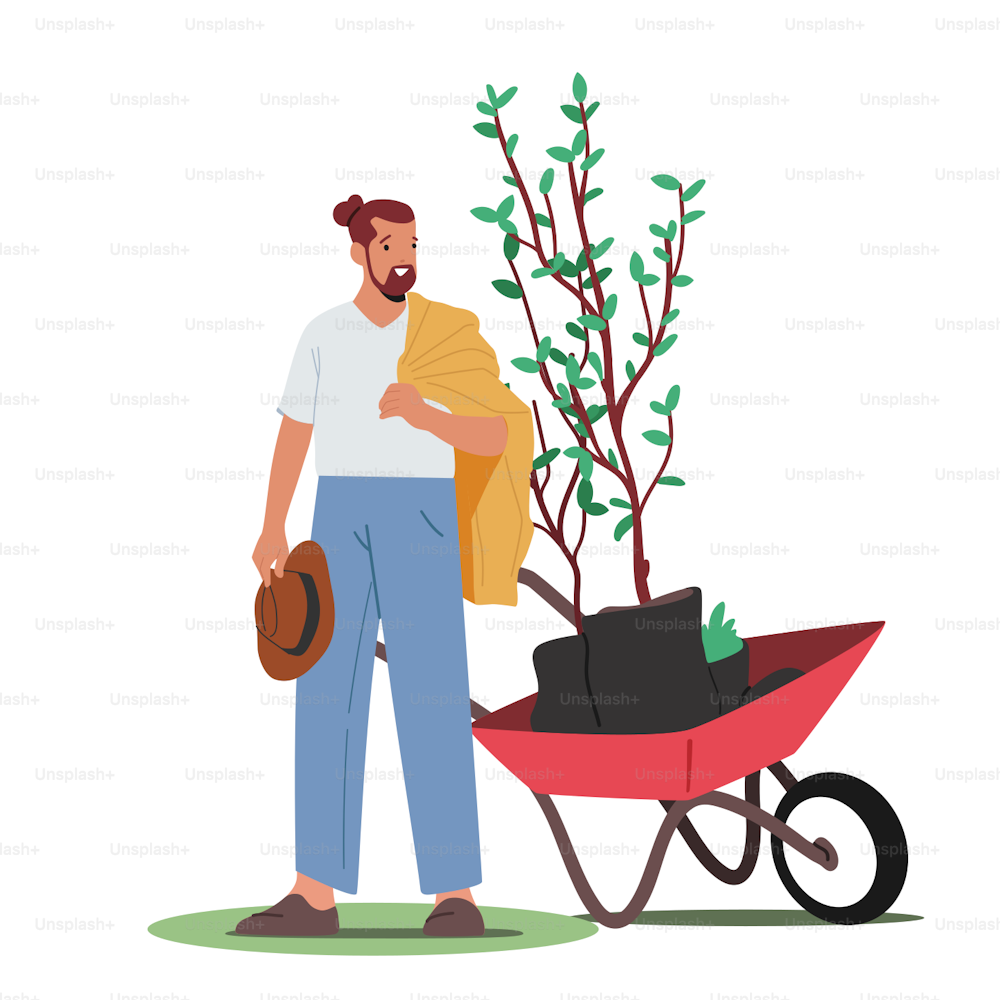 Nature, Environment and Ecology Concept. Male Character Planting Trees Seedlings to Soil in Garden, Man Move Plant on Wheelbarrow. Save World, Reforestation, Revegetation. Cartoon Vector Illustration