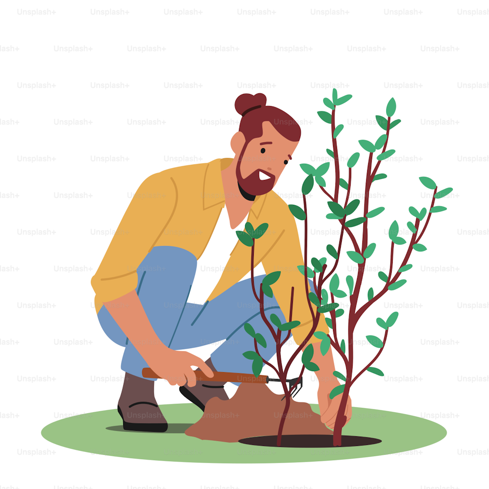 Gartenarbeiten, Waldrestaurierung, Wiederaufforstung und Baumpflanzkonzept. Freiwilliger Charakter pflanzt Baumsetzlinge, rettet die Natur, Umweltschutz. Cartoon Menschen Vektor Illustration