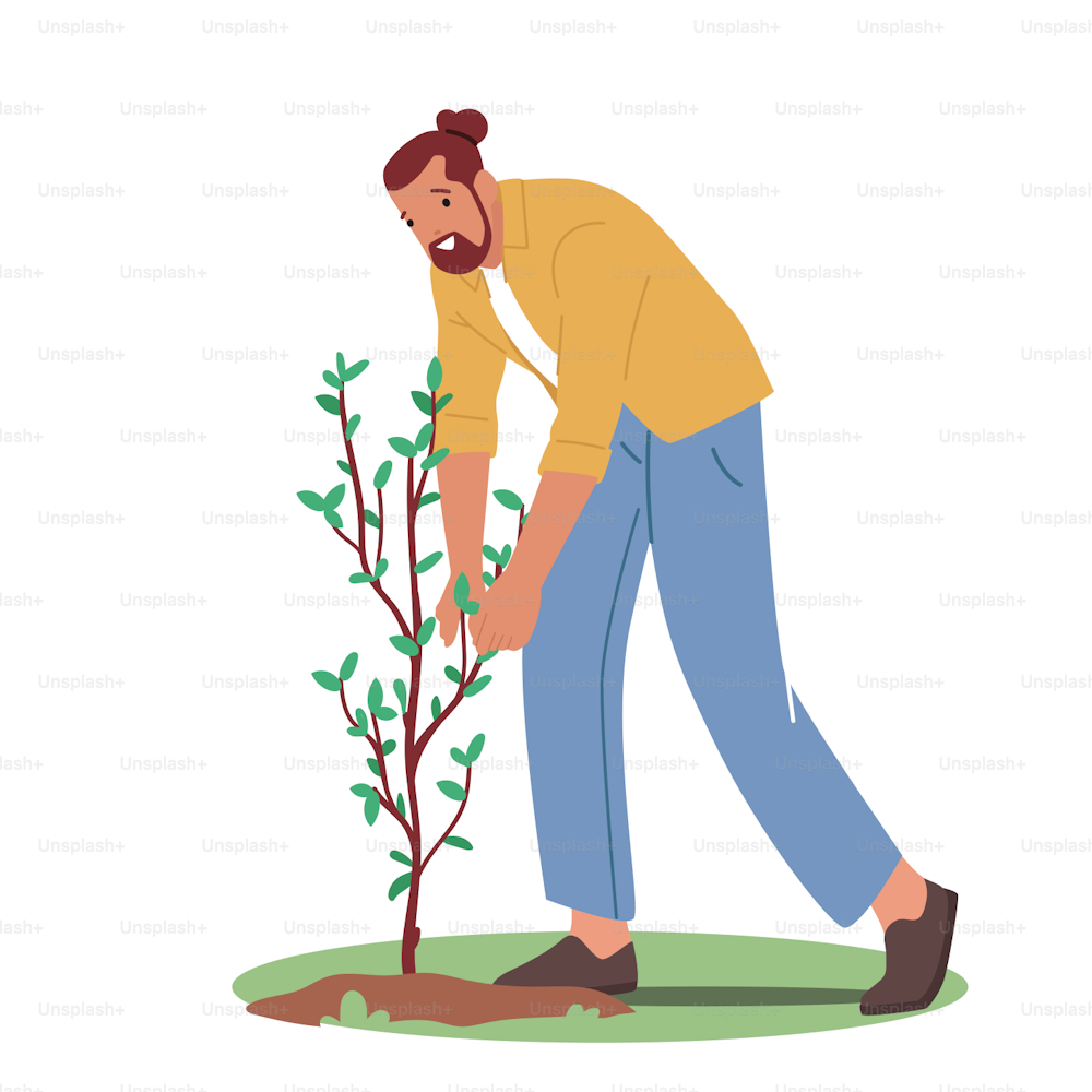 Gardening, Save Nature, Environment Protection.Revegetation, Forest Restoration, Reforestation and Planting Trees Concept. Male Character Planting Tree Seedlings. Cartoon People Vector Illustration