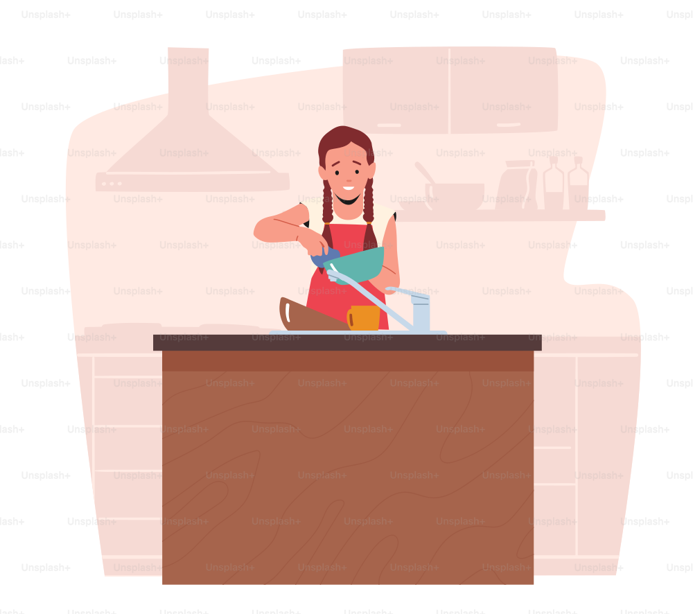 Children Housework Concept. Little Daughter Character Household Activities. Young Girl Wash Dishes at Home Kitchen. Weekend Chores and Duties, Child Help to Parents. Cartoon People Vector Illustration