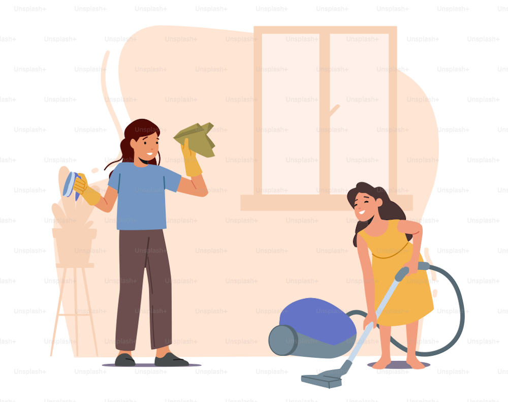 Children Helpers Cleaning Home, Vacuuming Carpet, Washing and Wiping Dust. Girls Siblings Characters Domestic Housework Activities, Helping to Parents, Daily Chores. Linear Vector Illustration