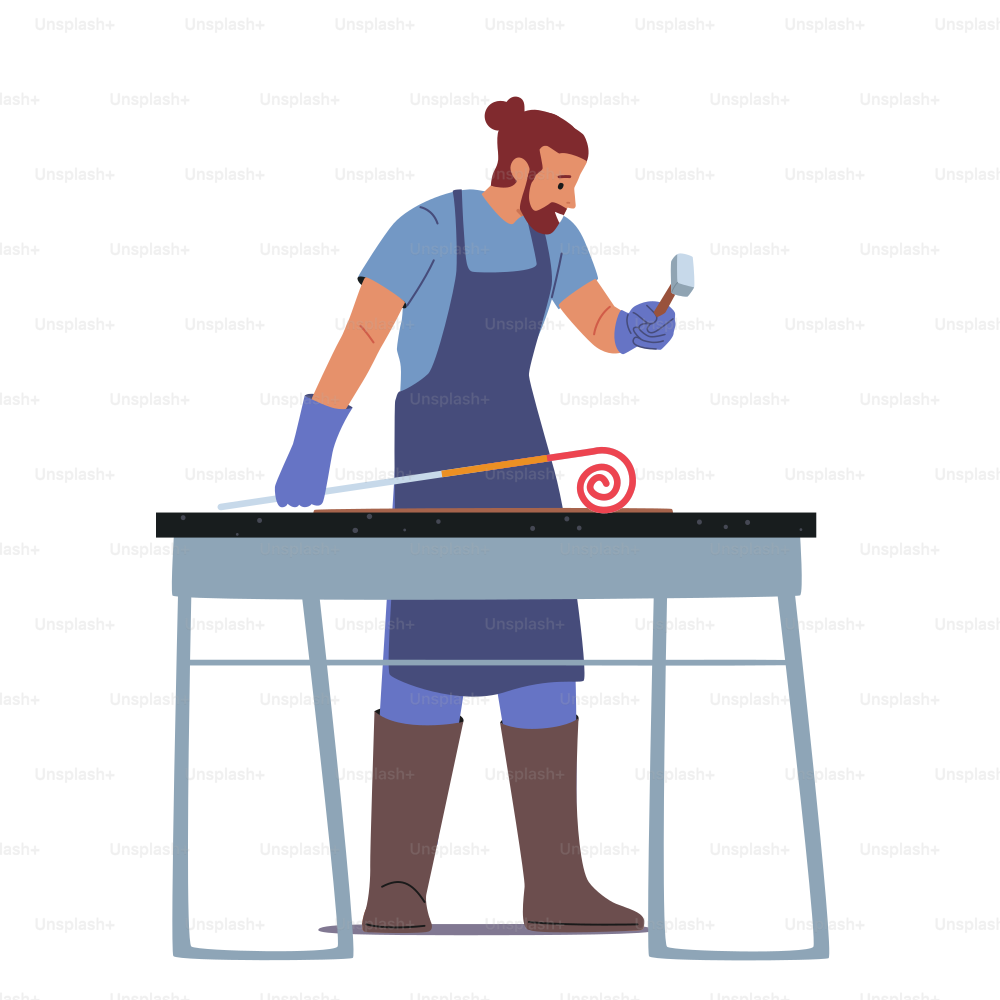 Blacksmith Male Character Work with Hammer Instrument and Piece of Hot Iron. Man Wear Apron Professional Master Working with Metal, Making Forgery Craftsmanship. Cartoon People Vector Illustration