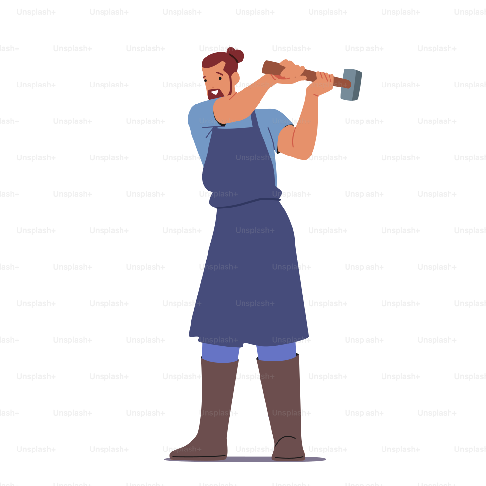 Blacksmith Wear Apron Work with Hammer. Male Character with Farriery Instrument. Man Professional Master Working with Metal and Iron Making Forgery Craftsmanship. Cartoon People Vector Illustration